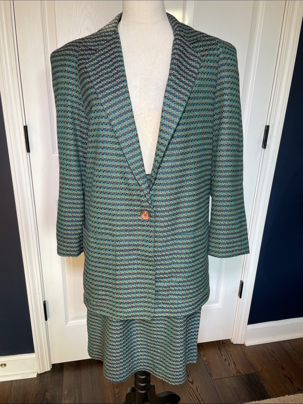 Vintage Autograph Green Tweed Skirt Suit Made in Greece Houndstooth Blazer Sz 6